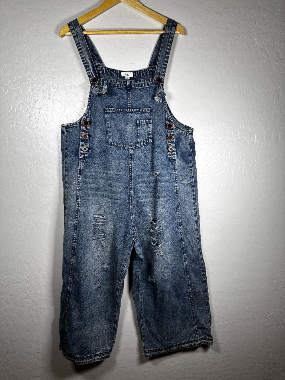 Easel Los Angeles Distressed Denim Wide Leg Overalls Size Small - Picture 3 of 9